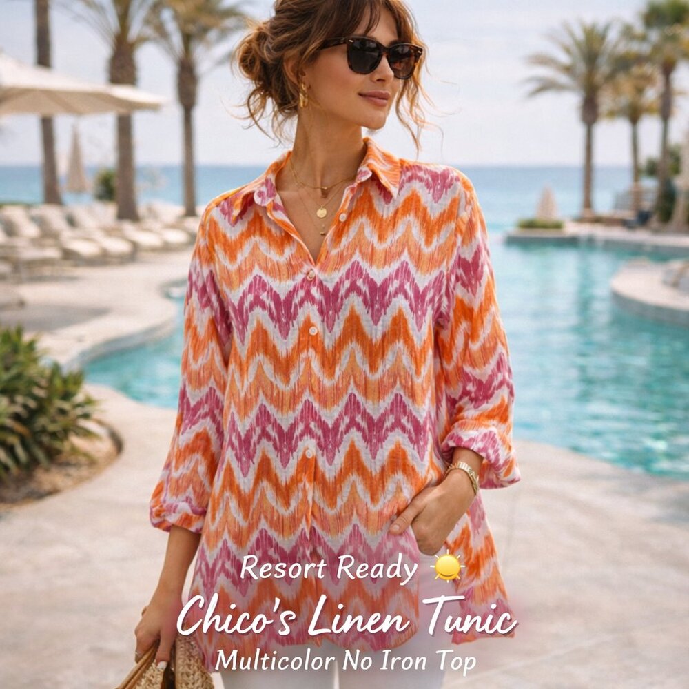 Chico’s Linen Tunic XL Multicolor Boho Resort Beach No Iron Button Front Relaxed